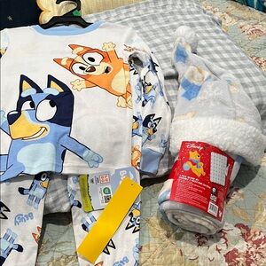Disney Bluey Pajama Set - Blue and Orange and Winnie The Pooh Blanket Bundle